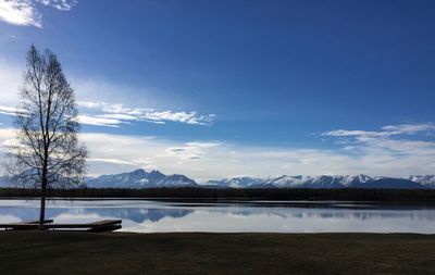 Scenic view of lake against blue sky