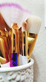 High angle view of paintbrushes on table