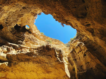 Low angle view of rock formation against sky