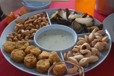 High angle view of breakfast in plate on table