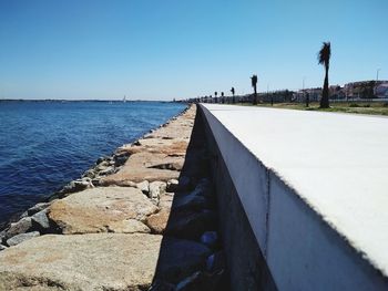 Scenic view of sea against clear blue sky