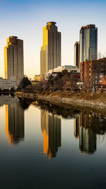 Reflection of buildings in city against clear sky