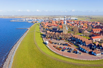 Aerial from the historical town hindeloopen at the ijsselmeer in the netherlands