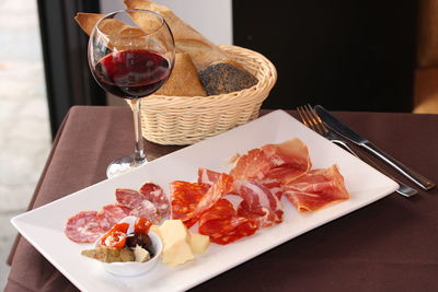 High angle view of food served on table
