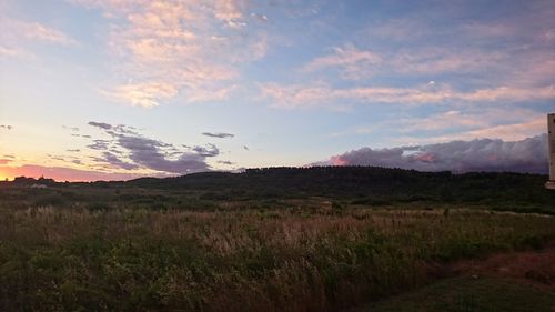 Scenic view of field against sky during sunset