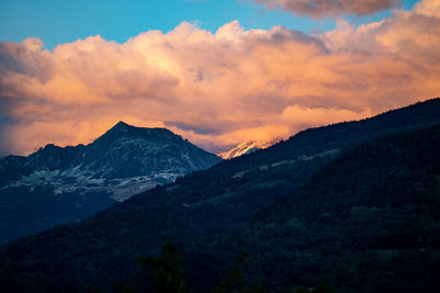 Scenic view of snowcapped mountains against sky at sunset