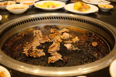 High angle view of food in plate on table