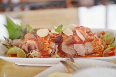Close-up of meal served on table
