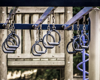 Low angle view of handles hanging against jungle gym in park