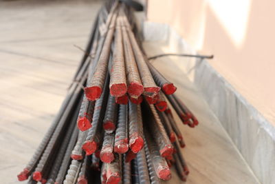 High angle view of red container on table