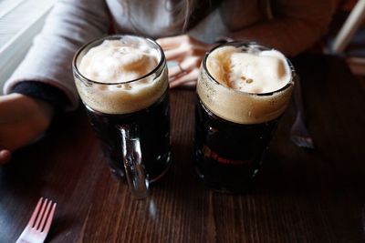 High angle view of beer glass on table