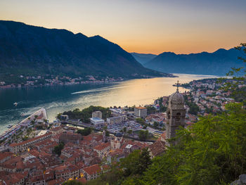 High angle view of town by sea