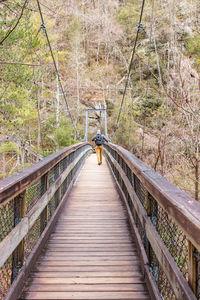 Rear view of person on footbridge in forest