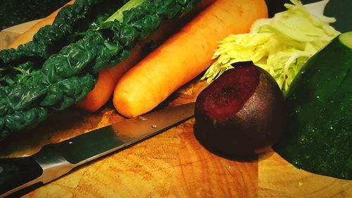 High angle view of food on wooden table