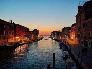 Canal amidst buildings against sky during sunset