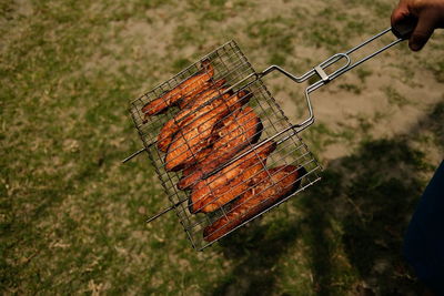 Grilled salmon on a barbecue grill. food on a campfire in nature. high quality photo