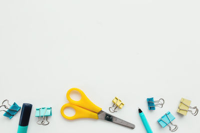 High angle view of multi colored pencils against white background