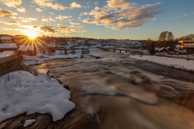 Kongsberg city in norway, long exposure night photography of the bridge and waterfall