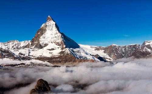 Scenic view of snow covered mountains against sky