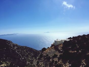 High angle view of sea against blue sky