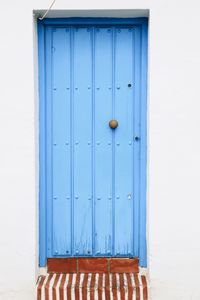 Closed blue door of building