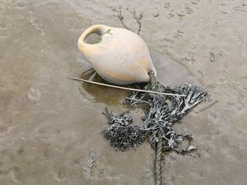 High angle view of damaged metal on land against wall