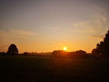 Silhouette trees on field against sky during sunset