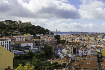 High angle shot of townscape against sky