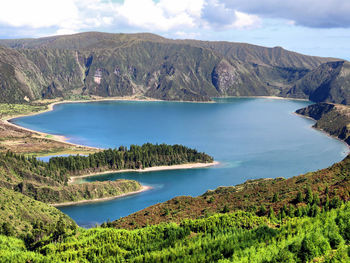 Scenic view of lake and mountains against sky