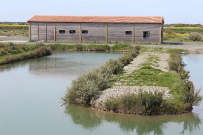 Scenic view of lake by building against sky