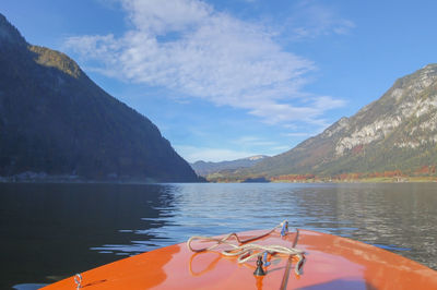 Scenic view of lake by mountains against sky