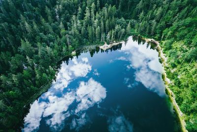 Aerial view of cloud reflections on water, lake eibensee near salzburg, austria.