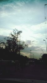 Silhouette of trees by road against sky