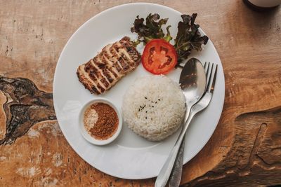 High angle view of food in plate on table