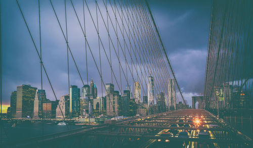 View of suspension bridge against cloudy sky