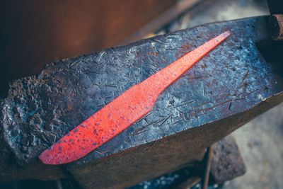 High angle view of orange leaf on wooden table