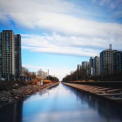 River amidst city against sky