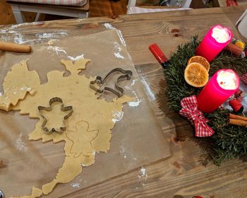 High angle view of cookies on table