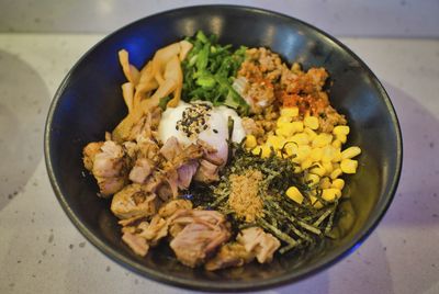 High angle view of mazesoba noodle in bowl on table