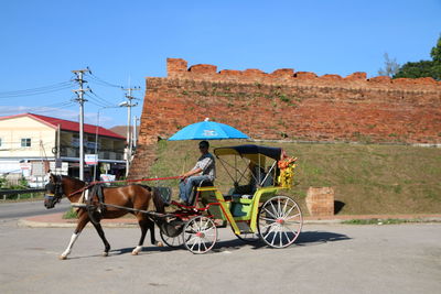 Horse cart on motorcycle against sky