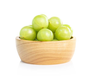 Close-up of fruits in bowl against white background