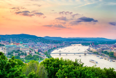 Aerial view of river and cityscape against sky