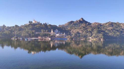 Reflection of trees in lake against clear sky