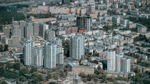 High angle view of modern buildings in city