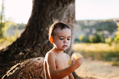 Cute boy looking at tree trunk