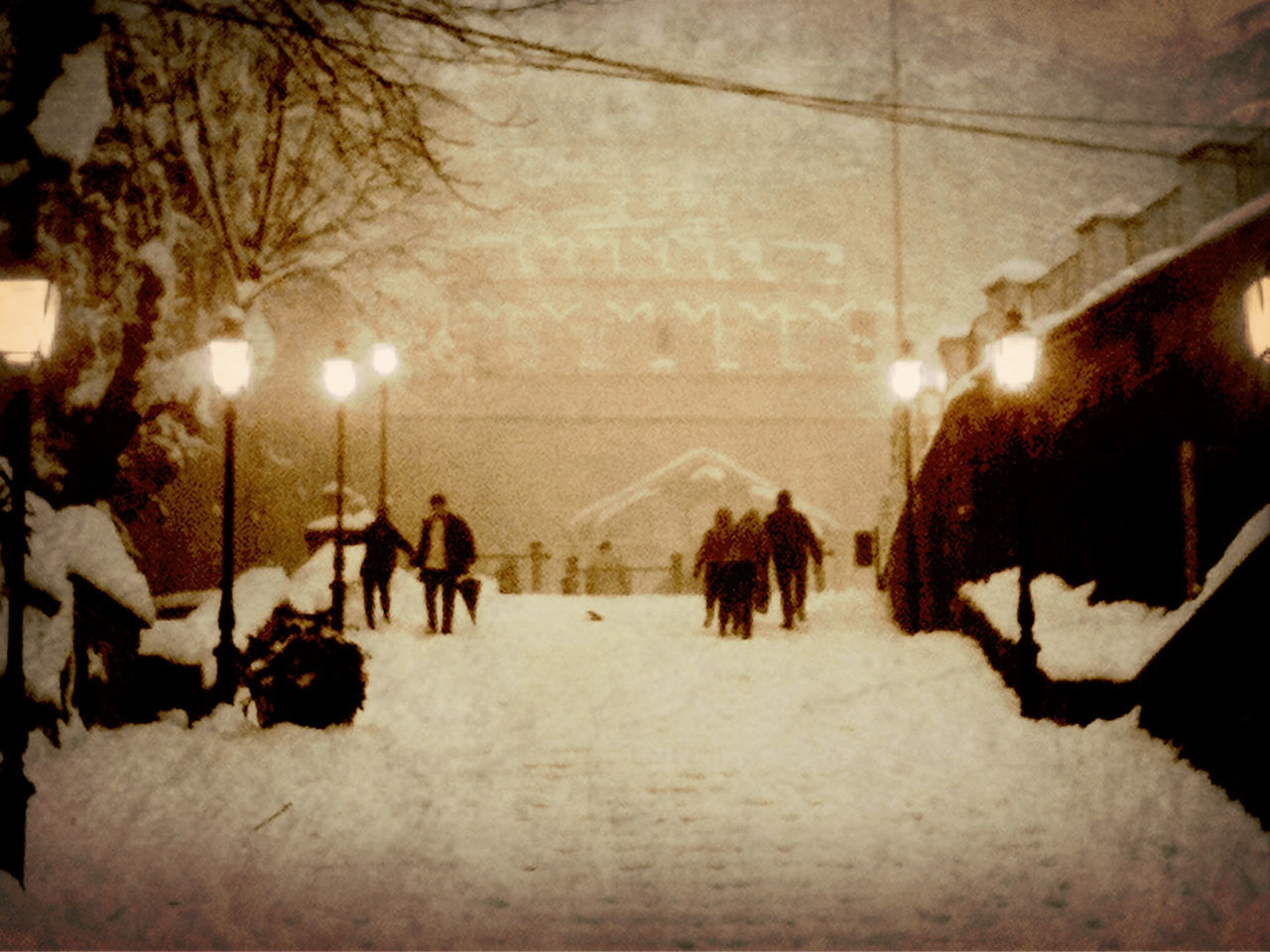 snow, winter, cold temperature, tree, built structure, illuminated, architecture, season, street light, sunlight, weather, lighting equipment, building exterior, street, silhouette, nature, sunset, sun, outdoors, lens flare