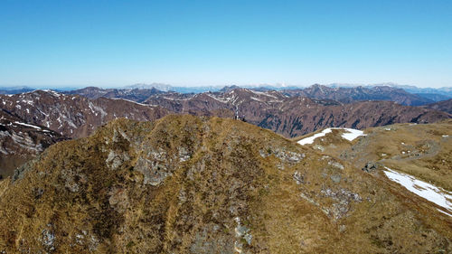 Scenic view of mountains against clear blue sky