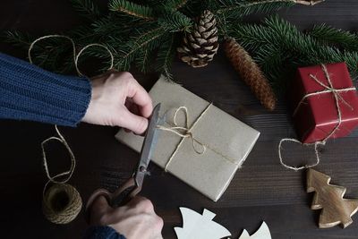 High angle view of man holding christmas tree