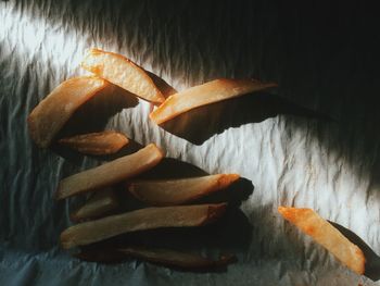 Close-up high angle view of fried potato chips