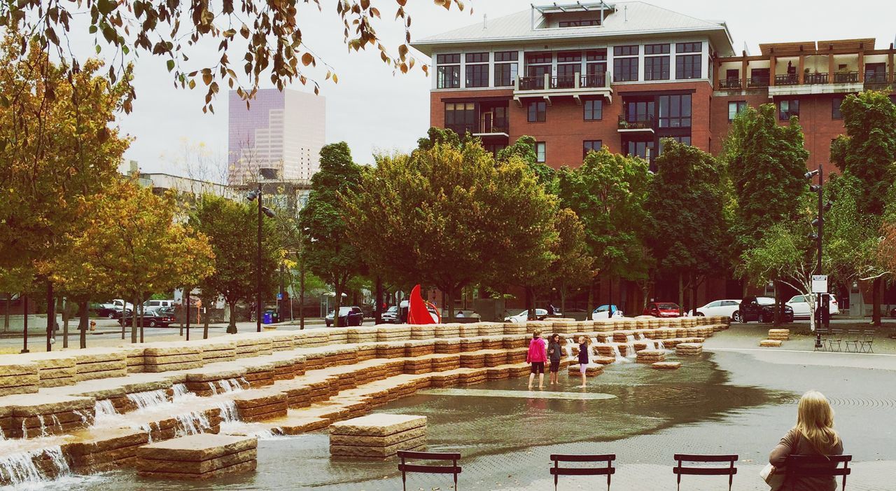 tree, building exterior, architecture, built structure, large group of people, city, lifestyles, water, person, men, leisure activity, city life, park - man made space, fountain, mixed age range, incidental people, park, growth, tourist